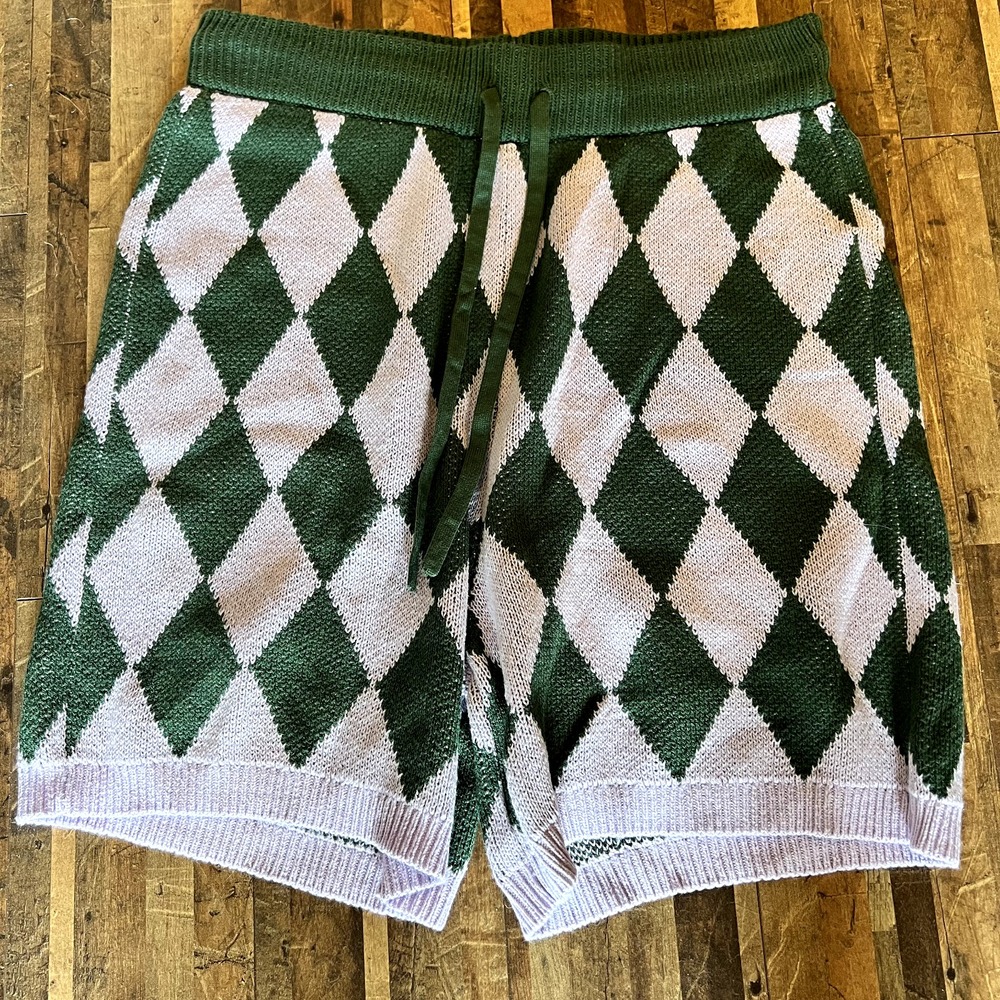 BP Argyle Knit Shorts Womens Medium Green Lilac Excellent Drawstring Preppy